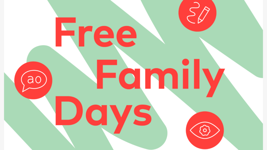 a promotional graphic with the words "free family day" in bright orange font against a scribbled mint green background